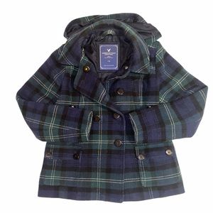 American Eagle plaid pea coat with hood size L.